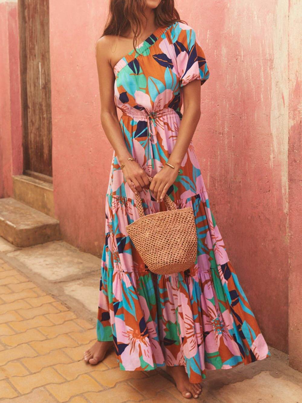 Vestido estampado de flores Off-shoulder Palm