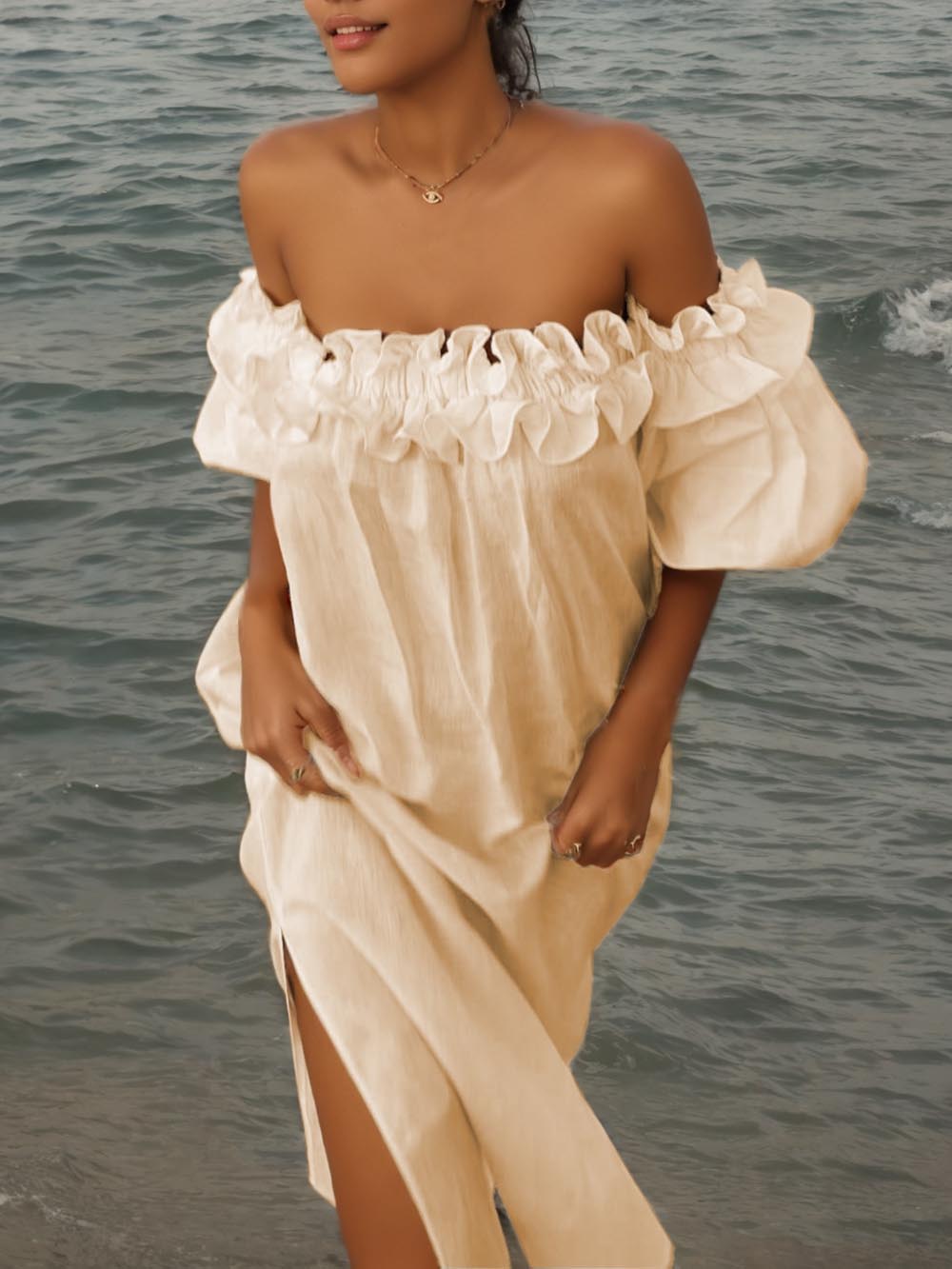 Vestido midi con hombros descubiertos con mangas abullonadas Ruffle