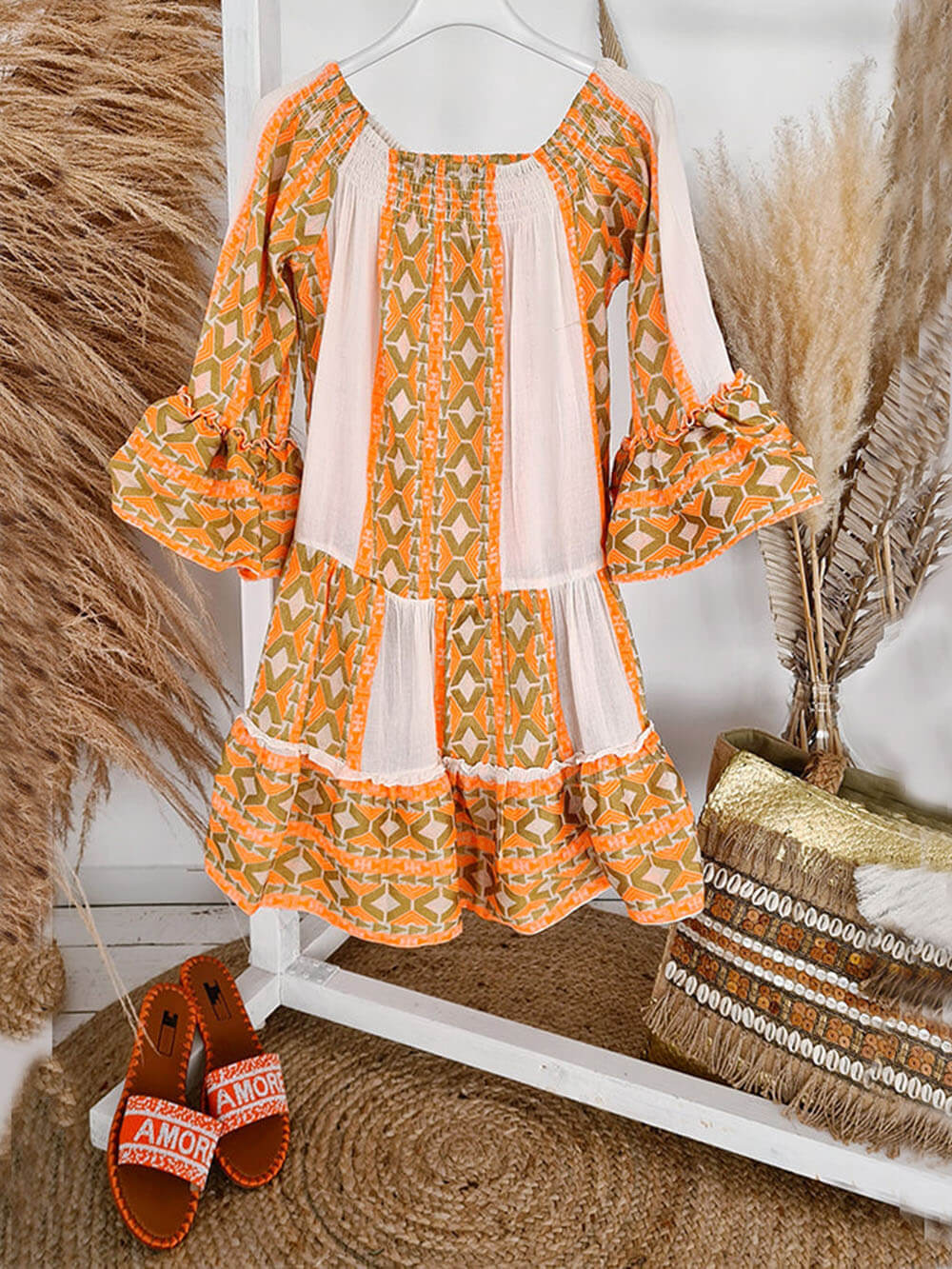 Vestido corto estampado de lino con hombros descubiertos Ethnic