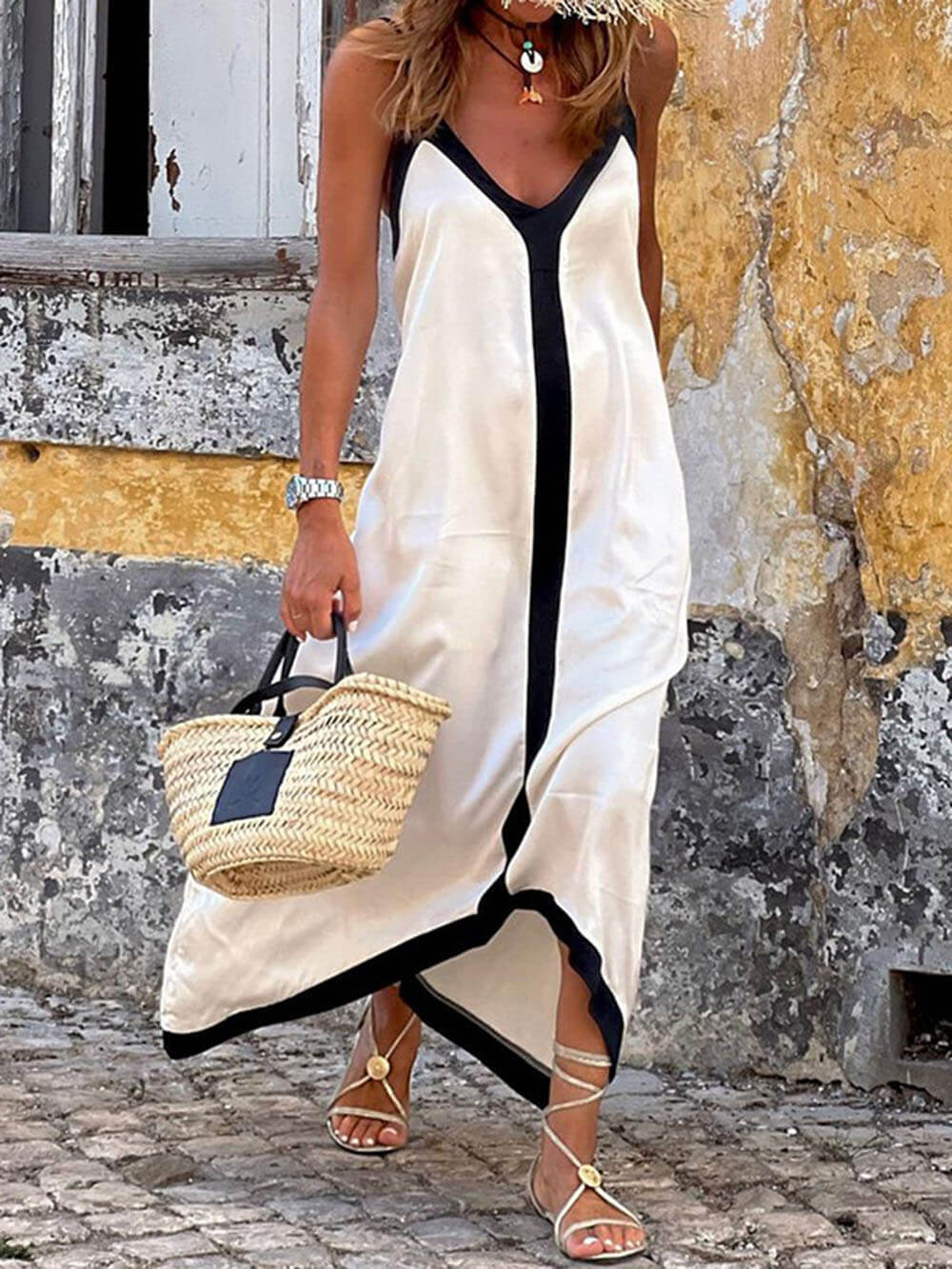 Vestido midi Suspender Colorblock
