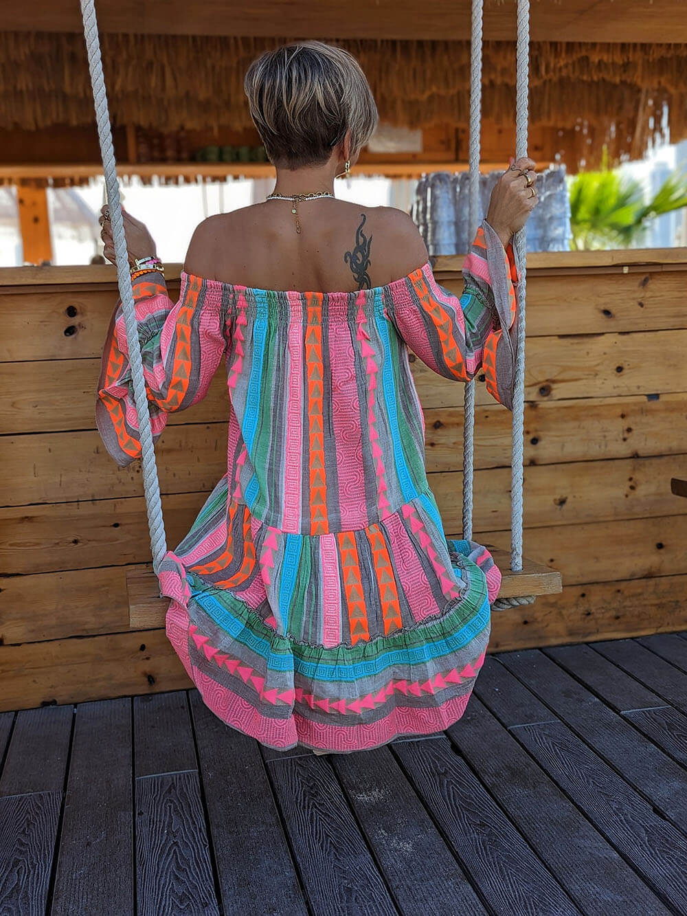 Vestido corto estampado de lino con hombros descubiertos Ethnic