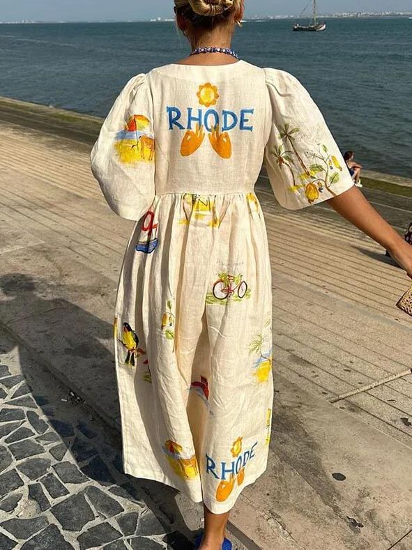 Vestido midi estampado de flores con mangas abullonadas Folk